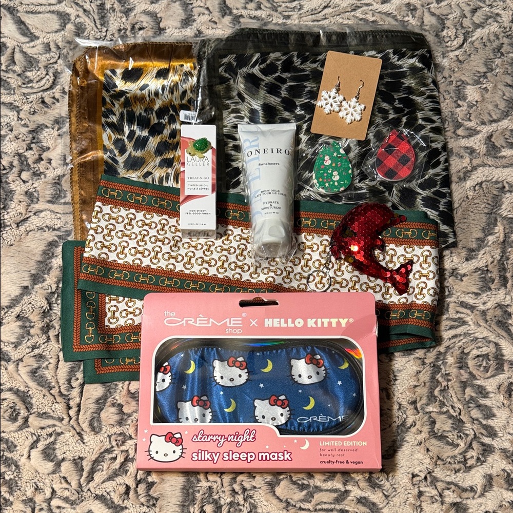 bundle 3 scarfs, 3 earrings sets, sleep mask,lip oil,body milk, dolphin charm